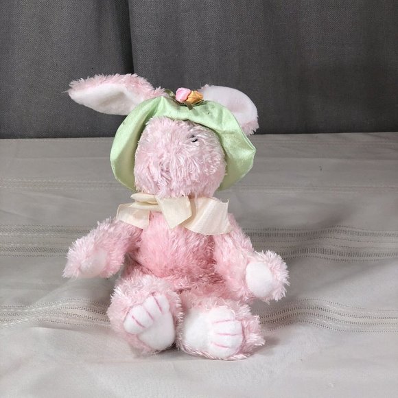 Pink Bunny Rabbit Stuffed Pellets Animal Plush 7"- 12" toy W/ Green Easter Hat - Picture 4 of 8